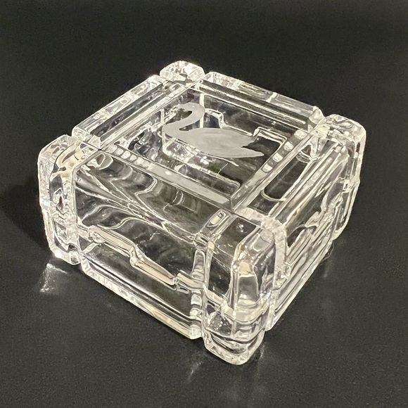 Square Clear Crystal Jewelry Trinket Box w/Lid Etched Swan Italy - Picture 2 of 9